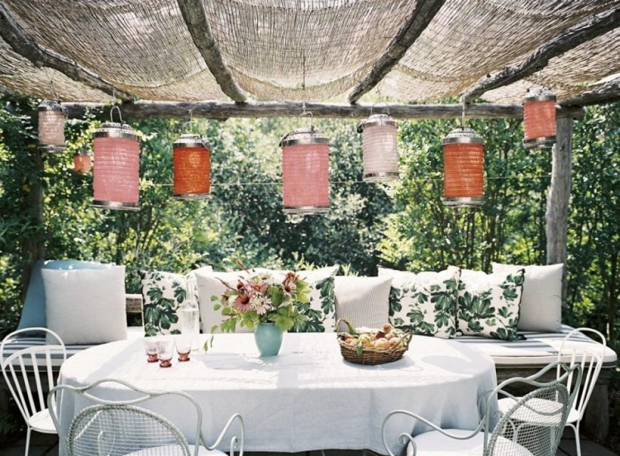 white-dining-chair-pendant-lamp-garden-view